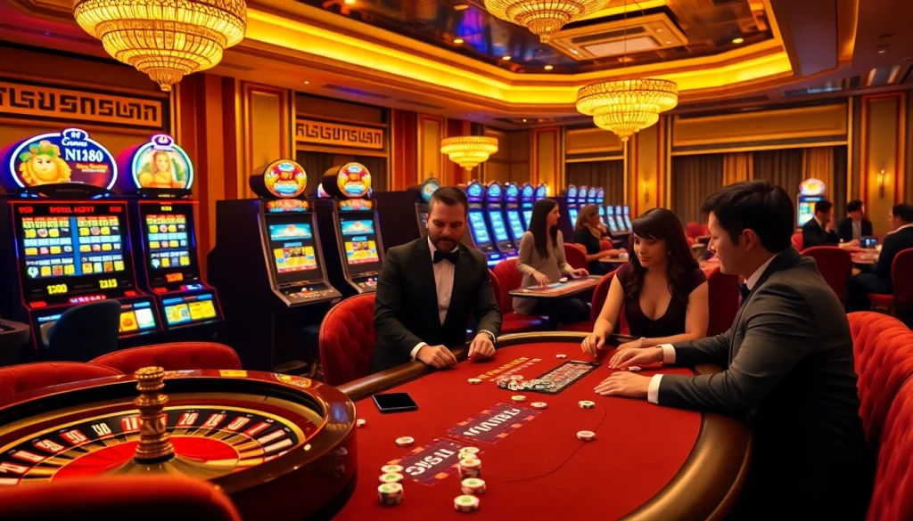 Experience high-stakes poker gameplay at a vibrant casino with N188 chips and roulette excitement.