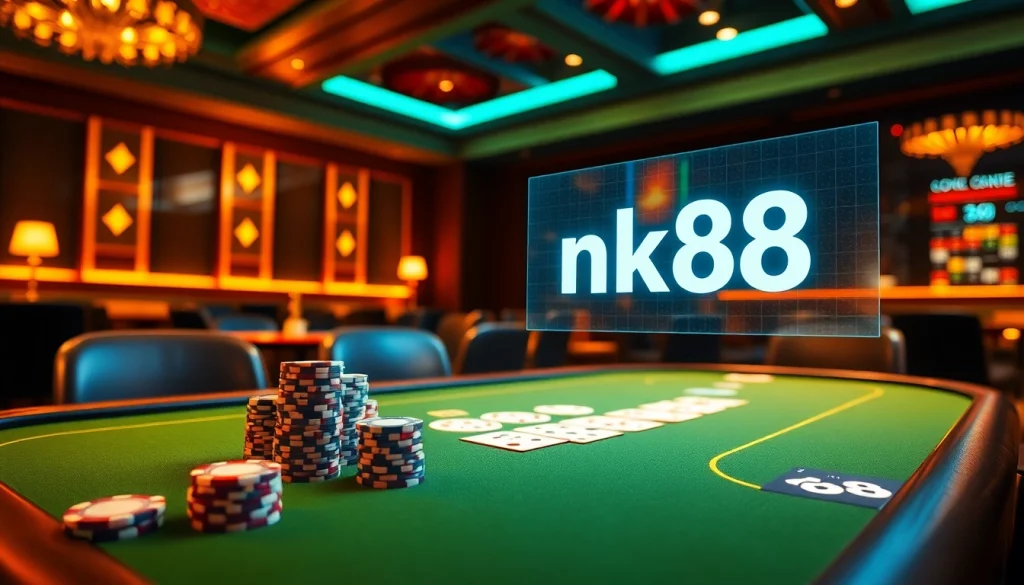 Experience high-stakes action with nk88 at a luxurious casino poker table.