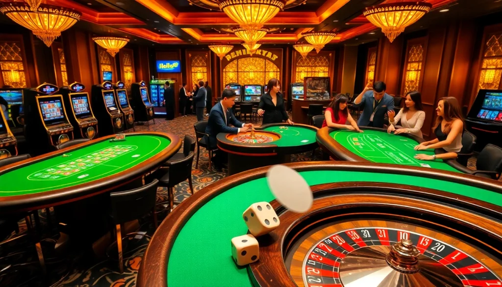 Players enjoy thrilling games at hello88 in an upscale casino setting with vibrant tables.