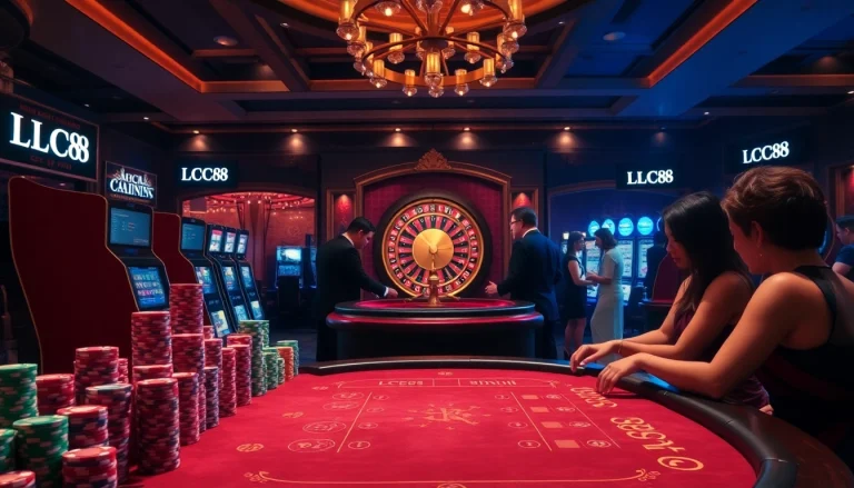 Players enjoying high-stakes gambling at LC88 casino with vibrant slot machines and poker tables.