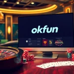 Experience the thrill of gambling with okfun's online casino, featuring poker chips and a roulette wheel.
