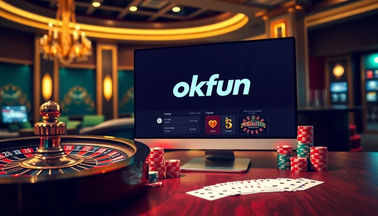 Experience the thrill of gambling with okfun's online casino, featuring poker chips and a roulette wheel.