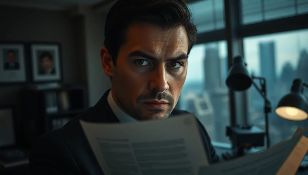 Hire personal investigator ready for a case in an urban office with tools and focus.