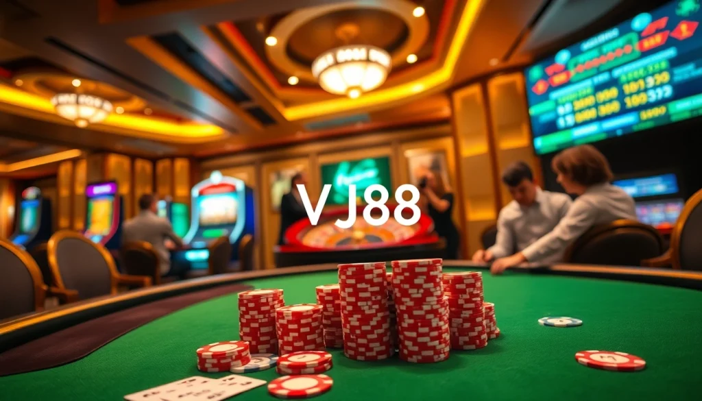 Experience the thrill of VJ88 at an upscale casino with vibrant poker tables and engaged players.