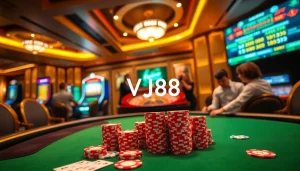 Experience the thrill of VJ88 at an upscale casino with vibrant poker tables and engaged players.