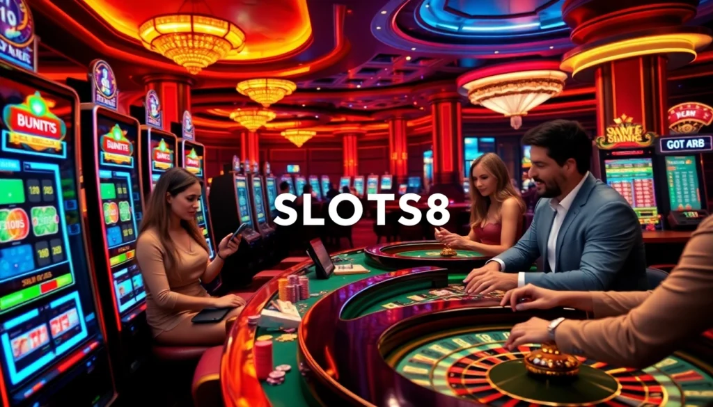 SLOTS8 players engaging with high-stakes slot machines in a luxurious casino setting.