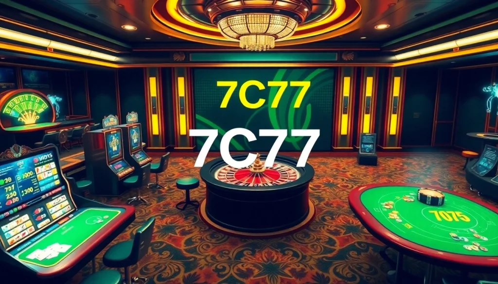 Interactive online gambling scene with luxurious 7C77 casino elements, featuring slots and poker tables.