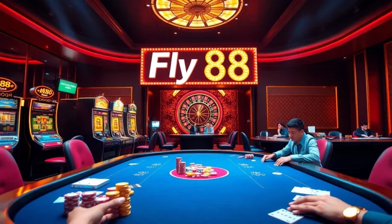 Experience thrilling gameplay at Fly 88 with colorful poker chips and vibrant slot machines.