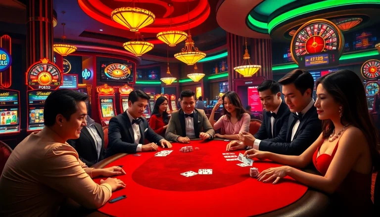 Engaged players at a poker table during an exciting game night at https://rr88me.com/ with vibrant casino elements.