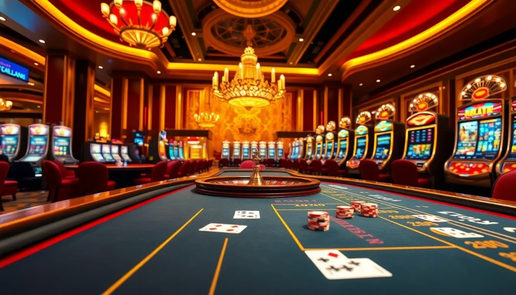 Experience thrilling gaming action at https://lc88.art/ with vibrant casino visuals featuring tables and slot machines.