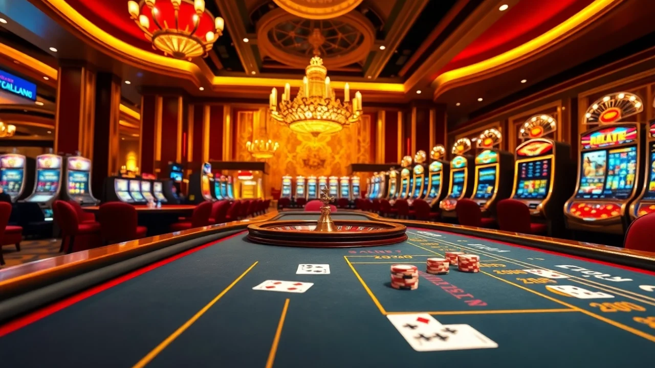 Experience thrilling gaming action at https://lc88.art/ with vibrant casino visuals featuring tables and slot machines.