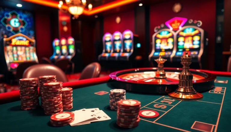 Exciting home vvjl casino scene with poker table, roulette wheel, and colorful slot machines.