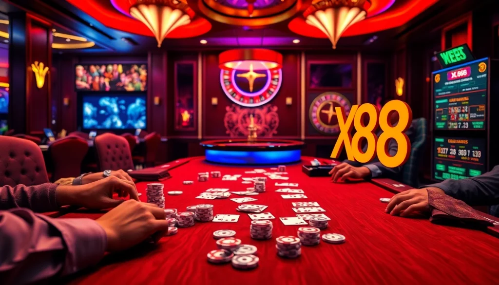Action-packed poker game with XX88 showing vibrant chips and cards, set in a luxurious casino.