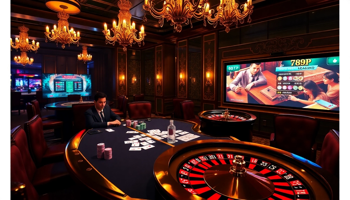 Exciting casino gaming scene featuring 789P poker players and vibrant roulette action.