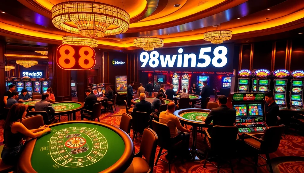 Experience the thrill of 98win58 with players engaging in casino games on a vibrant gaming floor.