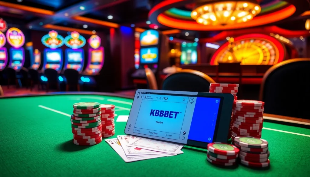 KBBET offers thrilling poker gameplay with vibrant chips, cards, and an exciting casino atmosphere.