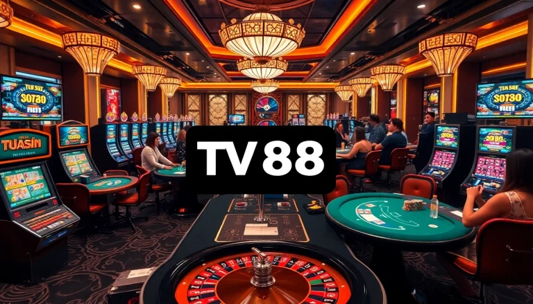 Gambler placing bets on TV88 while surrounded by vibrant casino games and excitement.