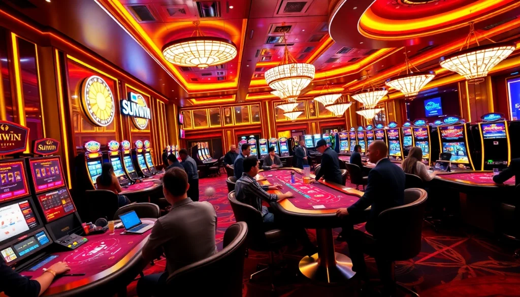 Players enjoying intense poker action in a luxurious Sunwin casino setting.