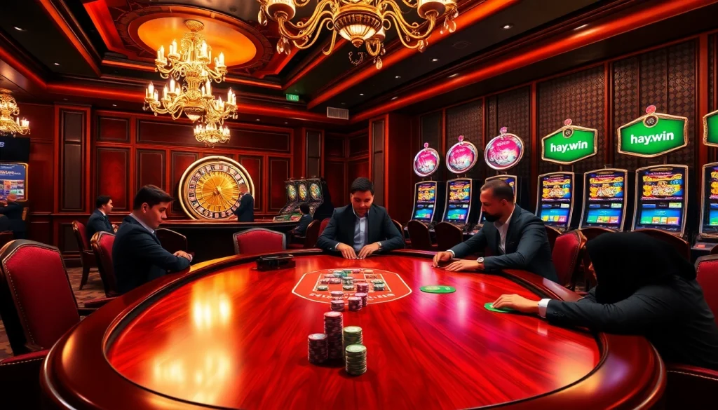 Experience the thrilling action at hay.win with players enjoying poker and slots in a luxurious casino setting.