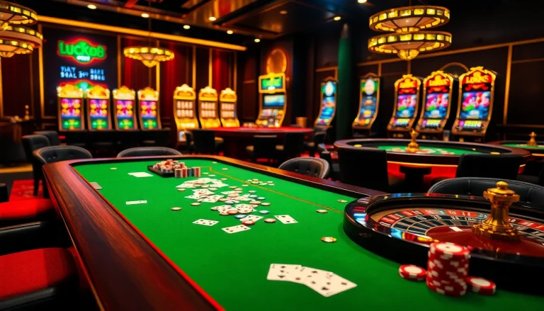 Luck8 casino scene with vibrant tables and engaging gameplay featuring poker chips and cards.