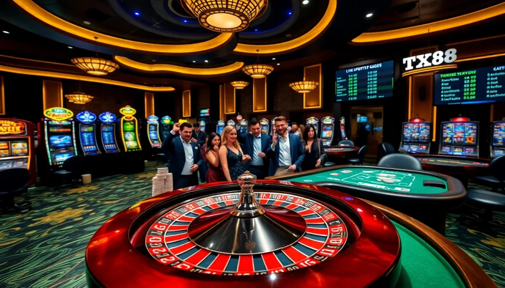 TX88 players enjoying a high-stakes roulette game in a vibrant casino atmosphere.