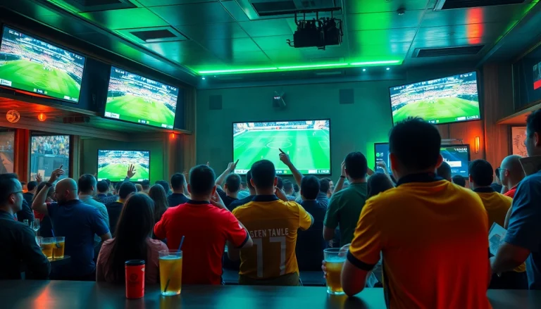 Fans enjoying live soccer matches at https://vaoluoitv.it.com in a lively sports bar atmosphere.
