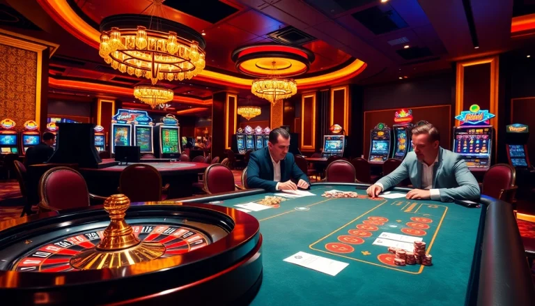 Gamblers enjoying a professional gaming environment at UU88 casino with roulette and poker tables.