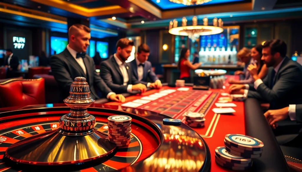 Players enjoying an exciting poker game at a luxury casino table with FUN79 branding