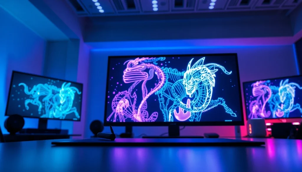 AI NSFW art generation displayed on high-tech screens in a creative workspace.