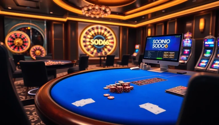 SODO66 online casino featuring a vibrant poker table and roulette wheel with betting slips.
