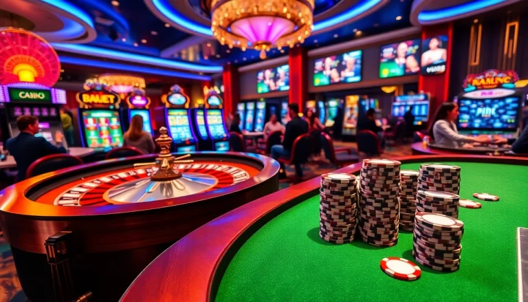 Experience the thrill of https://www.eejl88888.com/ in a vibrant casino scene with roulette and slot machines.
