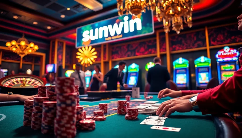 Experience thrilling wins with sunwin at a luxury casino game table, showcasing vibrant gambling action.