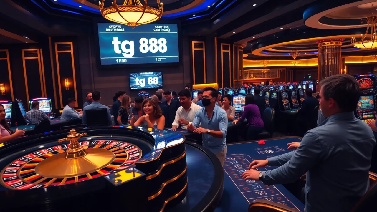 Excited gamblers playing roulette and poker at tg 88's luxurious casino.