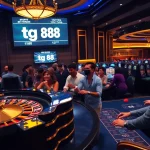 Excited gamblers playing roulette and poker at tg 88's luxurious casino.