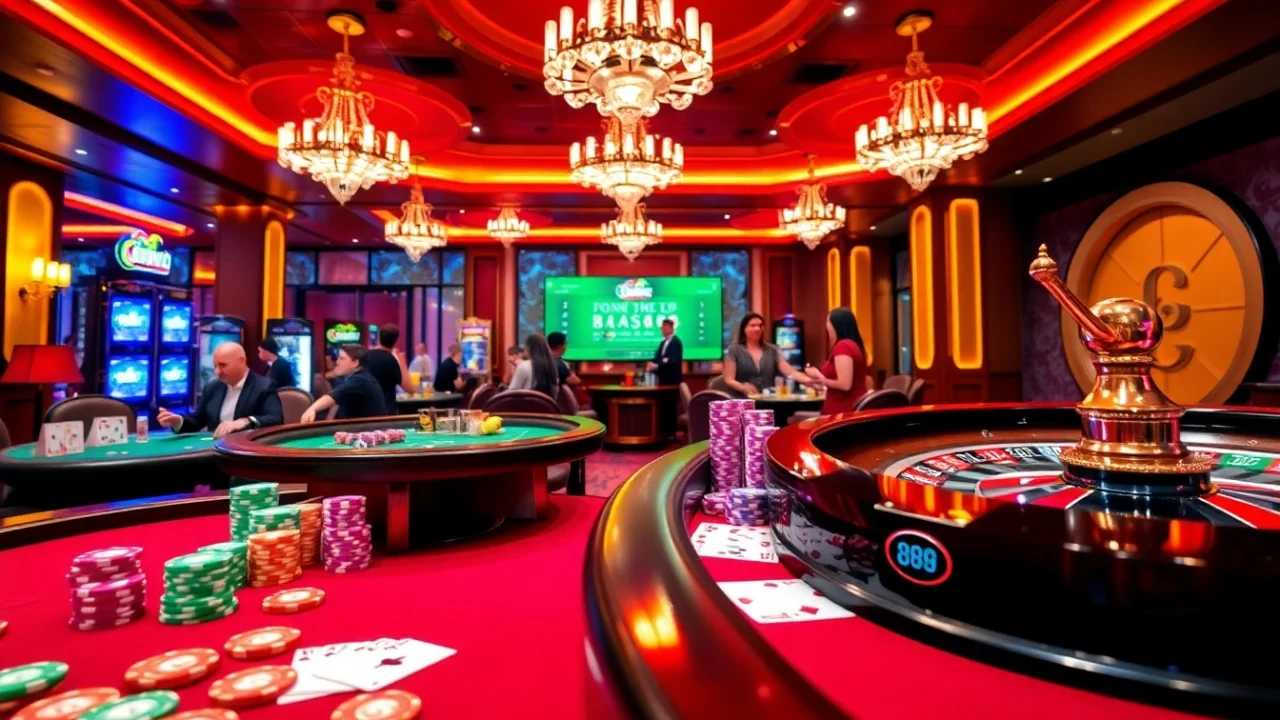 Exciting scene at 888vi.space showcasing vibrant casino tables and eager gamblers.