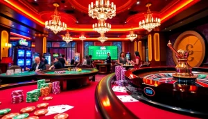 Exciting scene at 888vi.space showcasing vibrant casino tables and eager gamblers.