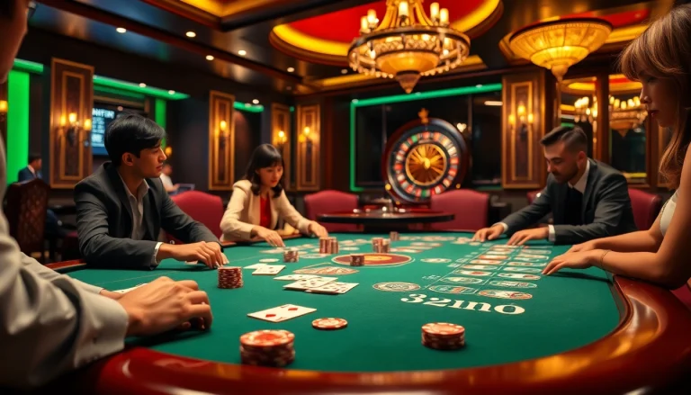 Experience the thrill of THA BET at a luxurious casino poker table filled with excitement and vibrant energy.