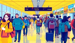 Travelers boarding Vietnam Airlines Flight VN168 at a busy airport terminal.