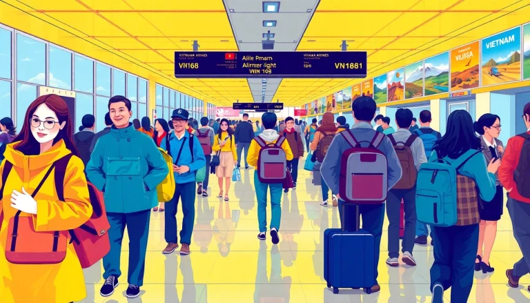 Travelers boarding Vietnam Airlines Flight VN168 at a busy airport terminal.