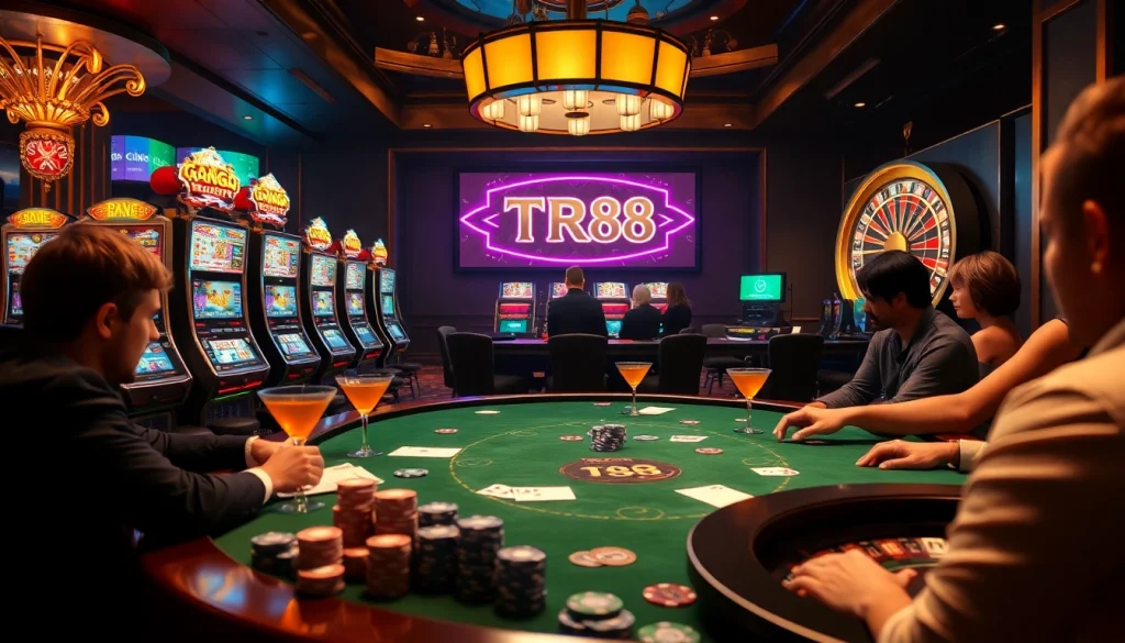 Players enjoying a thrilling game at the poker table with a TR88 theme in a vibrant casino setting.