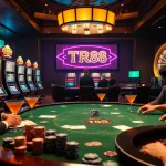 Players enjoying a thrilling game at the poker table with a TR88 theme in a vibrant casino setting.