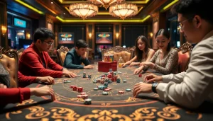 Xóc đĩa players engaging in a thrilling game surrounded by colorful chips and vibrant dice.