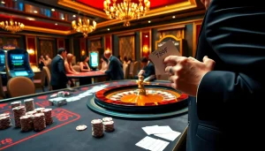 Gambling at 789f casino, vibrant scene with roulette wheel and professional dealer.