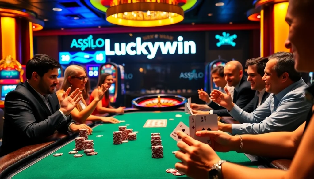 Exciting casino scene featuring Luckywin branding, poker chips, and a roulette wheel at play.