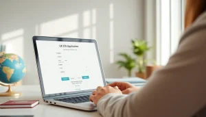 Apply for UK ETA online application using a laptop in a modern home office.