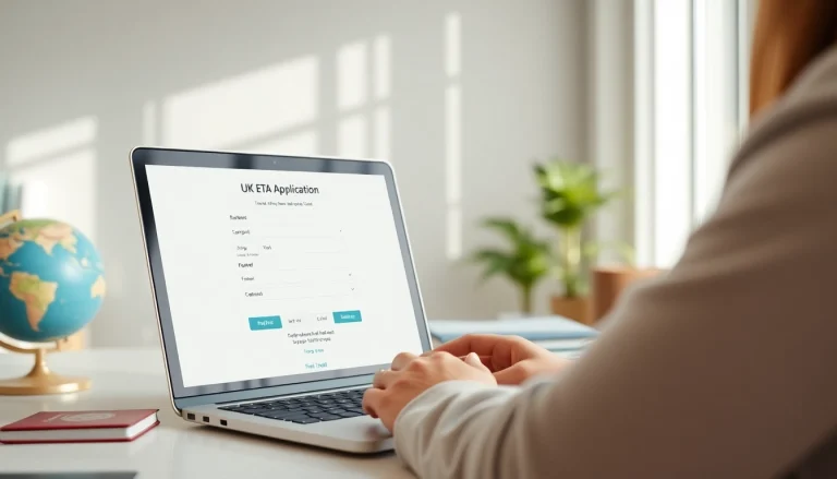 Apply for UK ETA online application using a laptop in a modern home office.