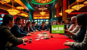 Excited players at a luxurious poker table with chips and cards, representing hello88.com gaming activities.