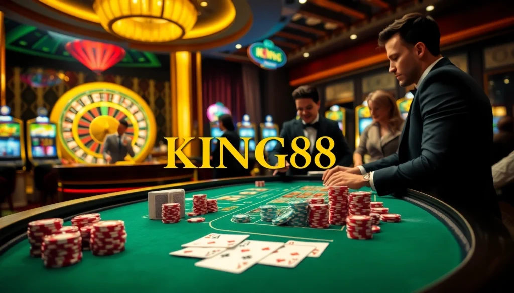 Experience thrilling gameplay at King88 with an exciting casino scene featuring poker chips and a roulette wheel.