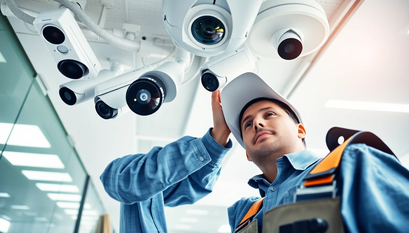 Soporte técnico en cámaras de seguridad: Técnico profesional instalando cámaras de seguridad de alta tecnología.