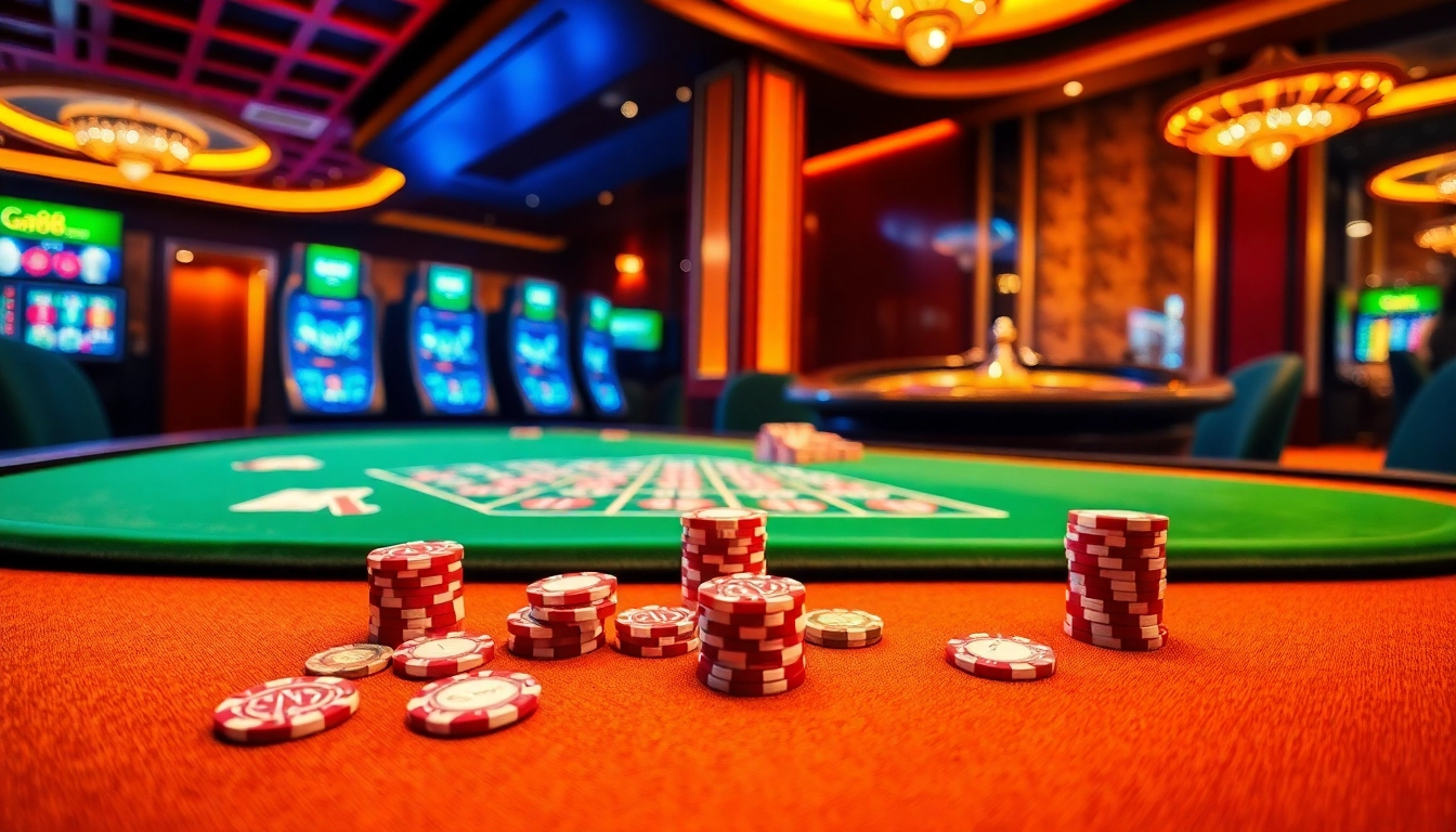 Experience the excitement of GG88 at a luxurious casino with poker chips and cards on the table.